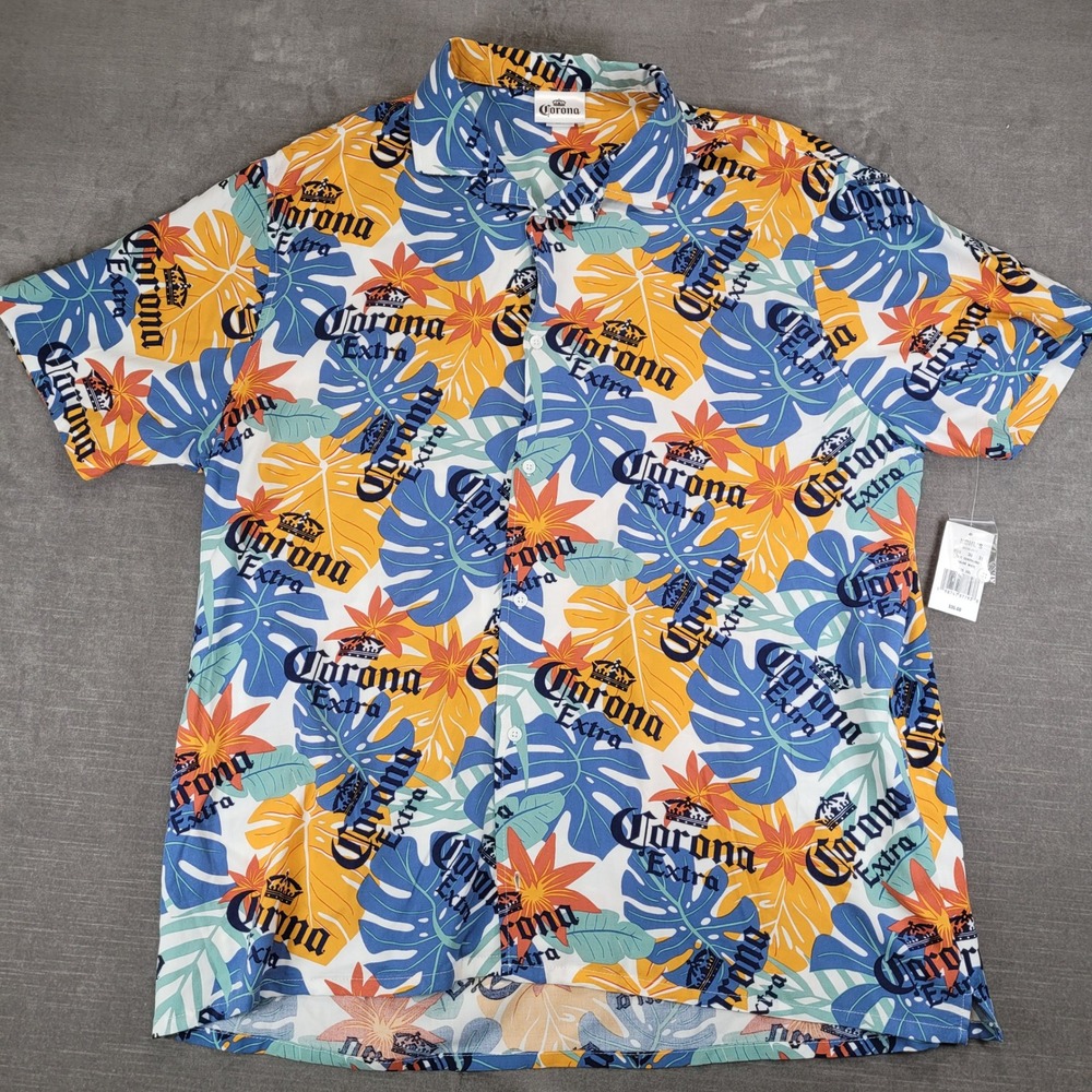 Corona Extra Tropical Leaf Button Up Shirt Men's 2X Hawaiian‎ Aloha Summer New